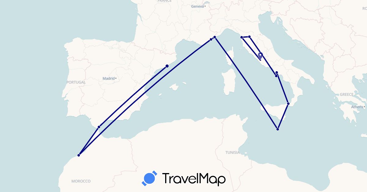 TravelMap itinerary: driving in Spain, France, Gibraltar, Italy, Morocco, Monaco, Malta (Africa, Europe)